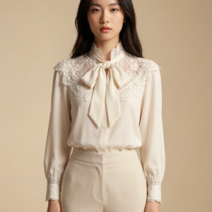 AURORA Lace Bow-Tie Stand Collar Blouse 穿搭灵感搭配图 设计感女装 | Styling inspiration outfit idea minimalist designer dress