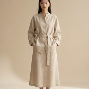 AURORA Minimalist Linen Set Stand Collar Belted Shirt & Long Skirt 穿搭灵感搭配图 设计感女装 | Styling inspiration outfit idea minimalist designer dress