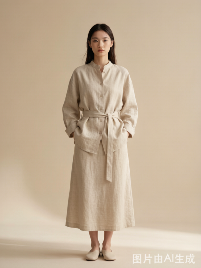 Minimalist Linen Set Stand Collar Belted Shirt & Long Skirt