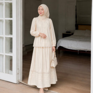Ruffle Collar Blouse & Lace Trim Maxi Skirt