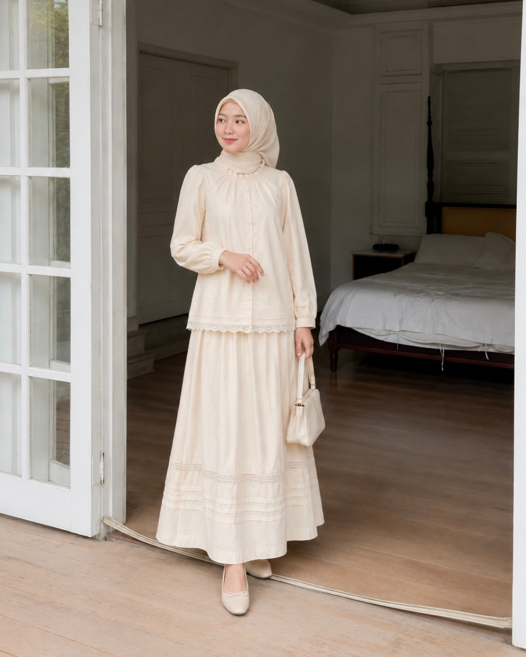 Ruffle Collar Blouse & Lace Trim Maxi Skirt